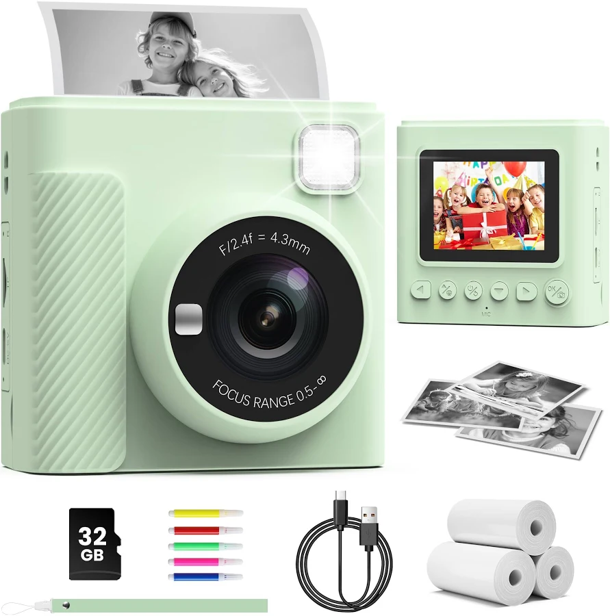 TIATUA Kinderkamera Sofortbildkamera, 2,4 Zoll Sofortbildkamera Kinder mit 32G Karte und Fotopapier Drucken 1080P HD